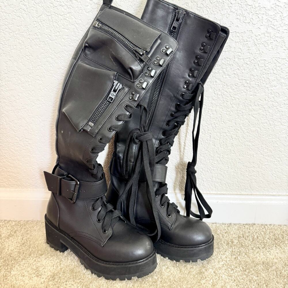 Dolls Kill Current Mood Pocket Combat Boots Sz 6 Black Knee High Platform Goth